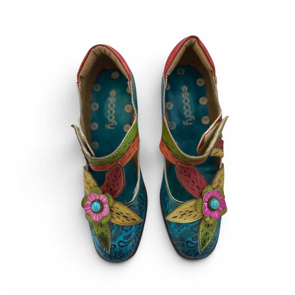 Socofy Women's Size 6 Leather Mary Jane Shoes Blue Floral Boho Block Heel NWOB